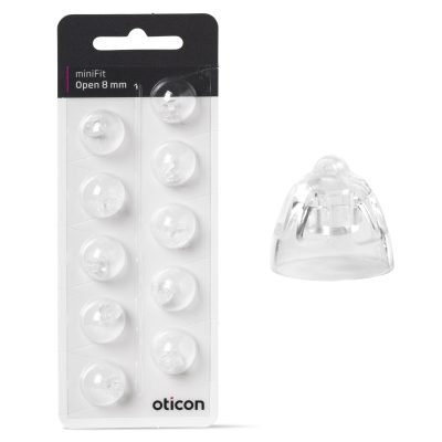 A blister pack labeled "Oticon Minifit Open Dome" holds eight clear, dome-shaped hearing aid tips, with one extra dome beside the pack. The Oticon brand name appears at the bottom.