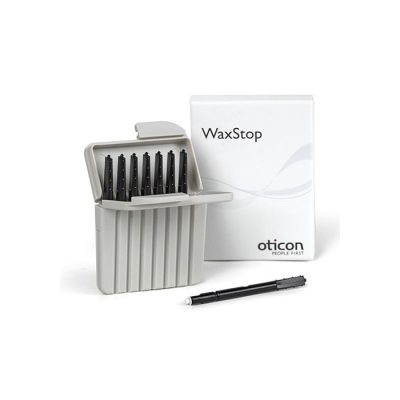 A box of Oticon Waxstop WaxGuard for hearing aids, shown open with several black filter sticks inside and one stick placed in front, next to the product packaging.