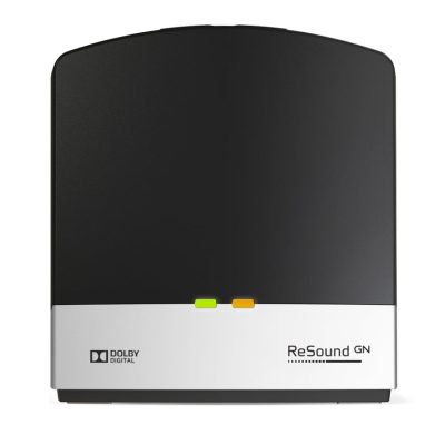 A ReSound Unite TV Streamer 2 device in black and white with Dolby Digital branding, featuring green and amber indicator lights on the front panel.