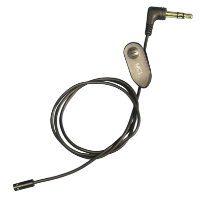 The External microphone for ComPilot (wired) is black, features a clip, a long cable, and a 3.5mm right-angle audio jack plug, shown on a white background.