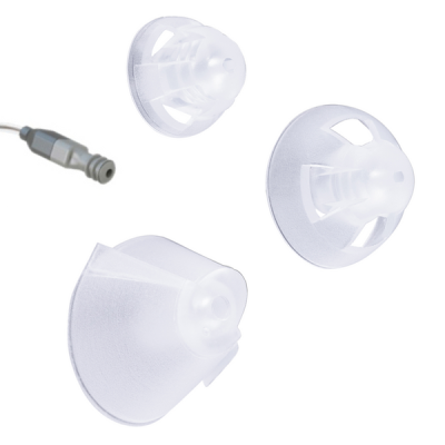 Three S RITE-Dome translucent silicone earbud tips in various sizes are displayed on a white background, with part of an audio connector visible in the top left corner.