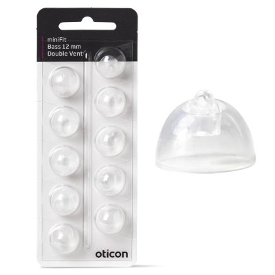 A blister pack of eight Oticon miniFit Bass-Dome (double vent) 12 mm hearing aid tips, with one transparent, dome-shaped tip shown outside the packaging for detail.