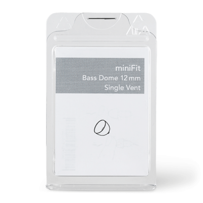 A clear plastic case holds a card labeled "Bernafon MiniFit Bass Dome Single," featuring a line drawing of a circular object at the center.