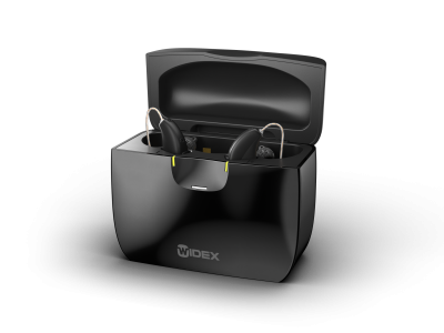 A Widex RIC WPC101 Charge n Clean Station in black is open on a white background, showing two hearing aids inside.