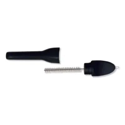 A small black plastic MultiTool, handle with a metal spiral bristle head and end loop is shown with its protective cap removed and placed beside it on a white background.