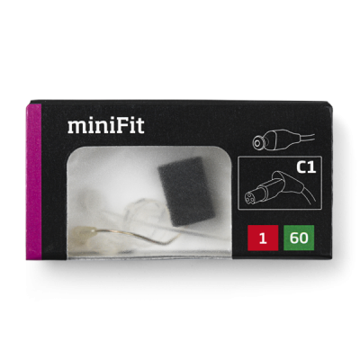 Black and pink Oticon MiniFit Receiver 60 box features a clear window displaying the device, labeled C1 with icons, plus red "1" and green "60" boxes in the lower right corner.