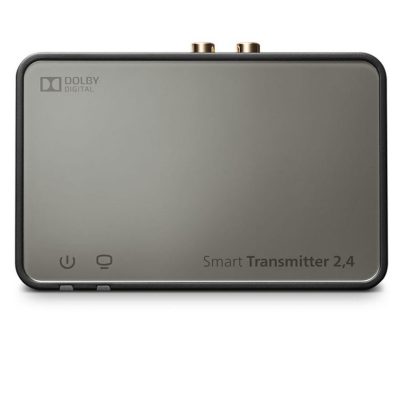 The Rexton Smart Transmitter 2.4 is a rectangular, sleek black device with a reflective "Dolby Digital" surface, power and connectivity icons, and two gold connectors on its top edge.