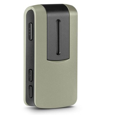 The Rexton Smart Mic, a compact rectangular device in olive green and black with buttons and a speaker grille, is shown standing upright on a white background.