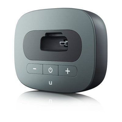 The Unitron uTV 3 is a compact, rectangular gray device with a central slot, three front buttons (minus, power, plus), and a small "u" symbol below the buttons, shown against a white background.