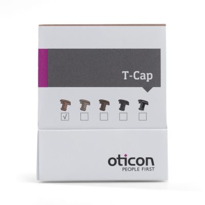 A white Oticon T-Cap package shows five illustrated Oticon T-Caps in various colors, with the first one checked. The Oticon logo and "People First" slogan appear at the bottom.