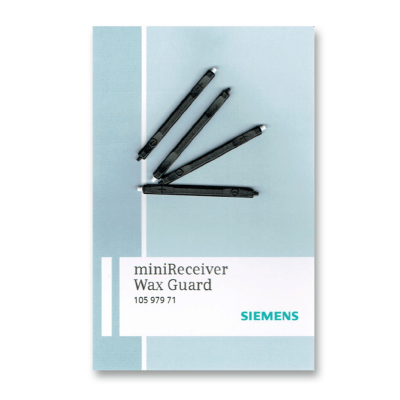 Four black wax guards are fanned out on Siemens miniReceiver WaxGuard packaging, displaying the product name and number (105 979 71) along with the Siemens logo on a light blue and white background.