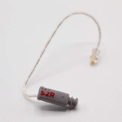 A slim, transparent Easywear wired RIC (S-receiver) with a gray connector marked "52R" in red is displayed on a plain white background.