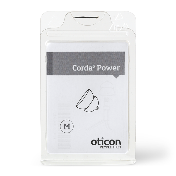 A clear plastic package of Corda 2 Power Dome includes Oticon Corda² Power hearing aid tubes (size M) and features an illustration of the tubes, the Oticon logo, and slogan PEOPLE FIRST on the label.