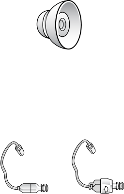 A gray megaphone at the top and two Dome ThinTube & Receiver Power Size Medium hearing aids with ear hooks and cords at the bottom, displayed on a white background.
