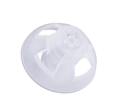 The Dome Receiver Size 10 Large is a translucent white plastic component with a round flared base, a central cylindrical section, and three holes on top. Its design facilitates secure attachment or connection.