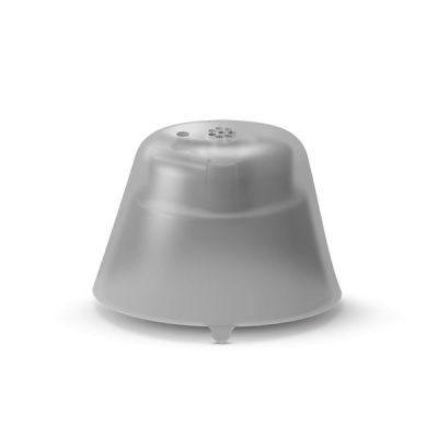 A gray, dome-shaped Signia Click Sleeve (Closed) with a small hole and raised spots on top sits on a white background. Its base is slightly flared and features three small feet for support.