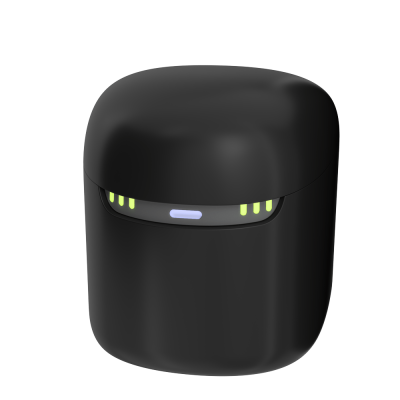 The Charging+ Station R is a black wireless earbud case with a rounded shape, featuring a small LED indicator light and multiple green battery status lights on the front.