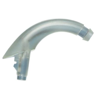 Hook BTE T/R 7DB Transparent is a curved, transparent LEGO piece with three connection points and a fin-shaped extension, displayed against a white background.