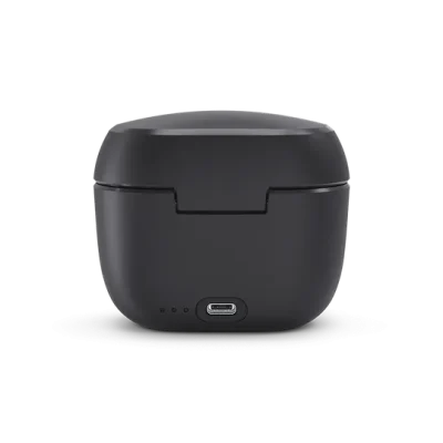 A black Bernafon Charger Plus miniRITE charging case is shown from the back, featuring a USB-C port and three LED indicator lights near the bottom.