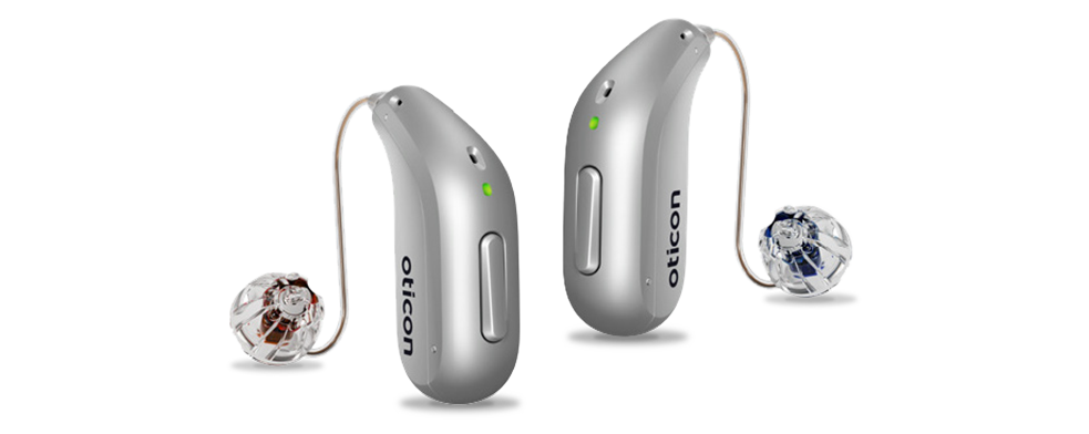 Oticon Intent 1 hearing aids in silver with double microphones, released in 2024