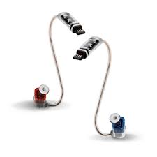 A pair of behind-the-ear hearing aids with thin tubes and MiniFit Detect Receiver 60 earpieces—red for the right ear, blue for the left—are displayed against a white background.